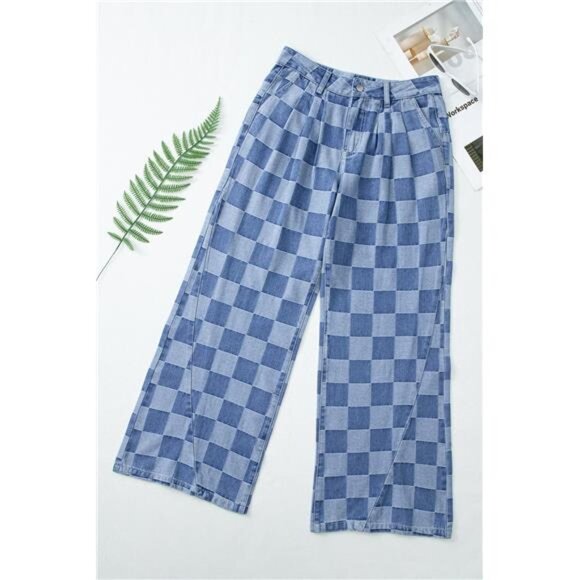 Dark Grey Checkered Light Washed Wide Leg Jeans - Picture 12 of 16
